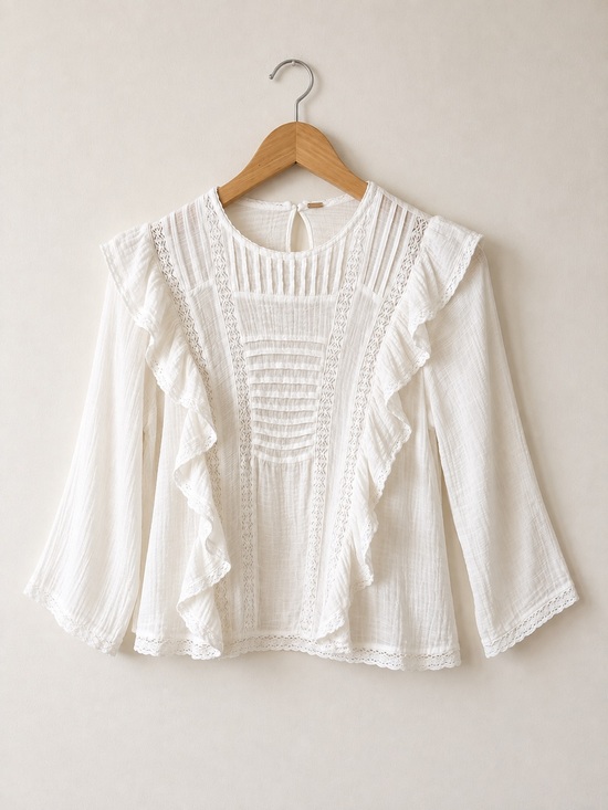 Free People Tops - Free People Off White Gauze Ruffle Lace Boho Blouse Size XS